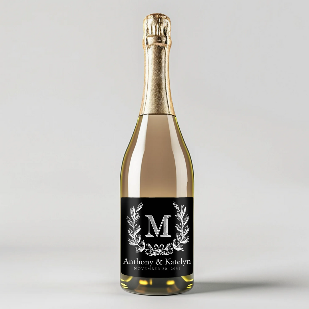 Monogram Wreath Black Wedding Champagne Label - iCustomLabel