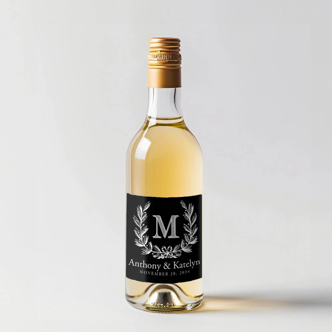 Monogram Wreath Black Wedding Mini Wine Label - iCustomLabel
