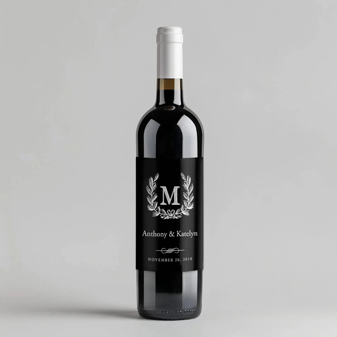 Monogram Wreath Black Wedding Wine Label - iCustomLabel