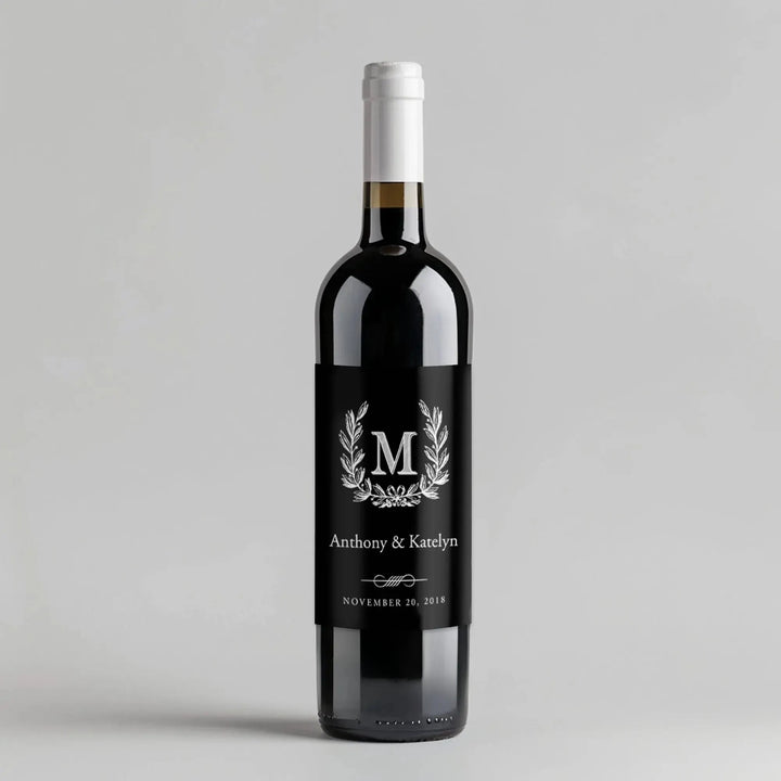 Monogram Wreath Black Wedding Wine Label - iCustomLabel