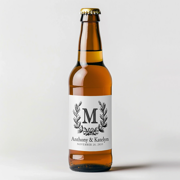 Monogram Wreath Wedding Beer Label - iCustomLabel