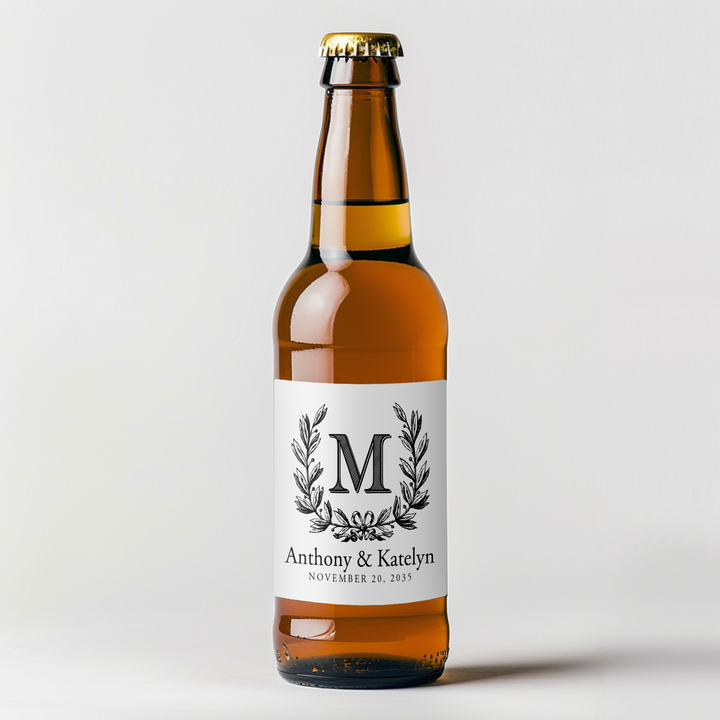 Monogram Wreath Wedding Beer Label - iCustomLabel