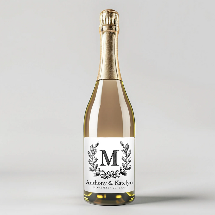 Monogram Wreath Wedding Champagne Label - iCustomLabel