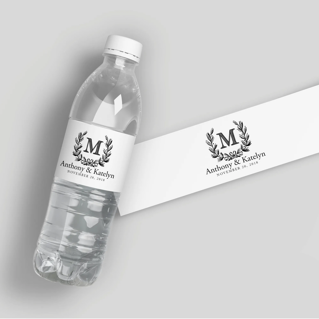 Monogram Wreath Wedding Water Bottle Labels - iCustomLabel