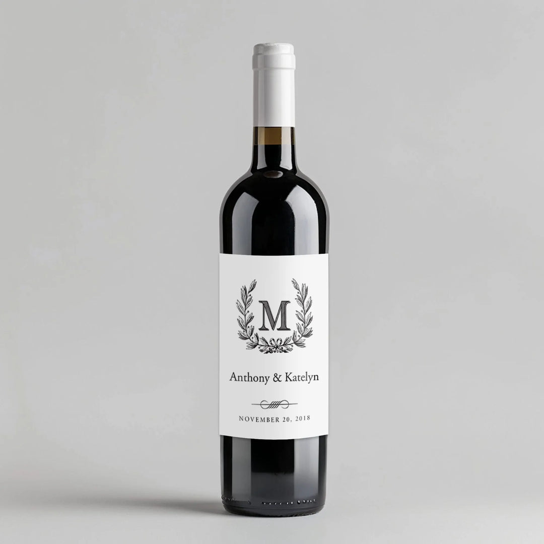 Monogram Wreath Wedding Wine Label - iCustomLabel