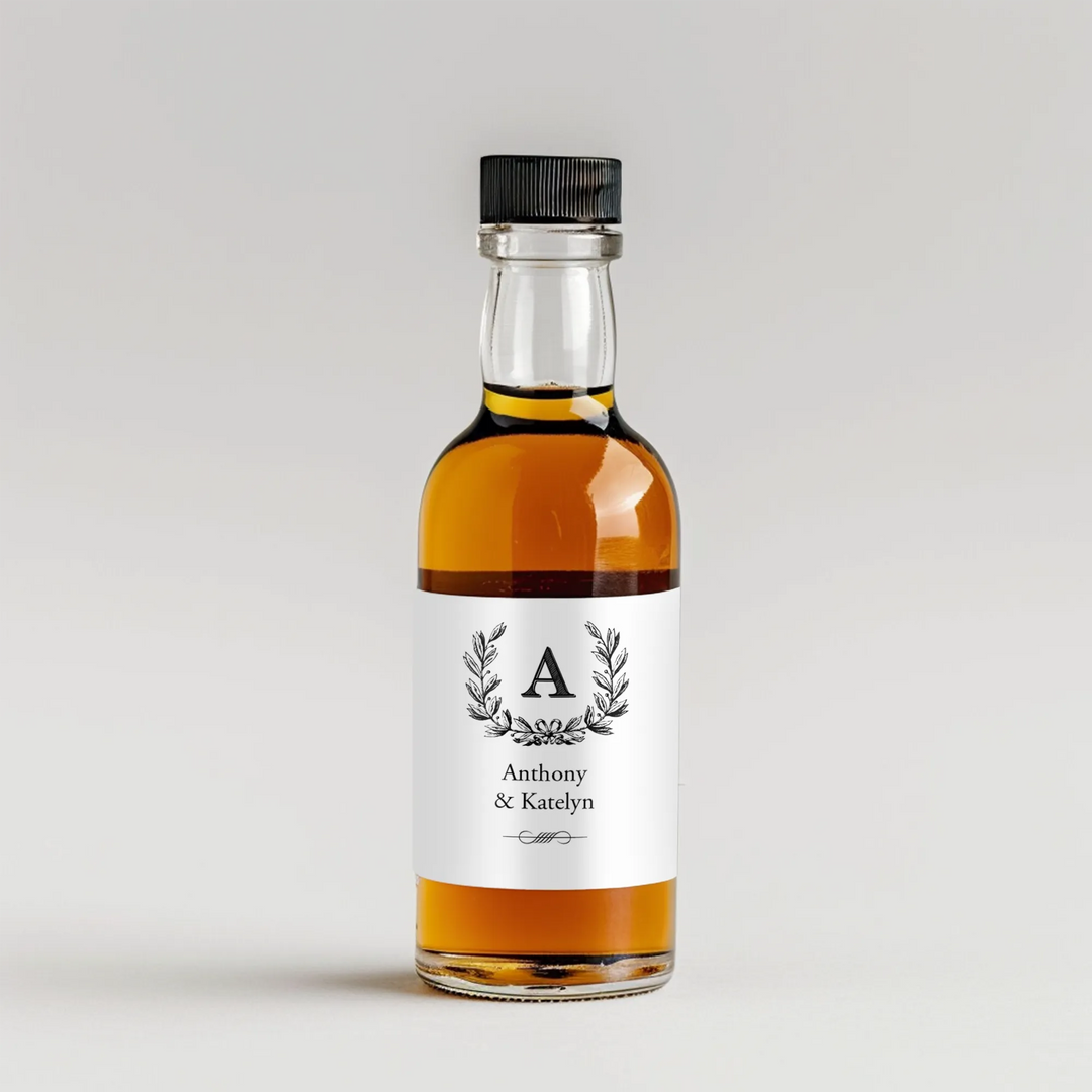 Monogram Wreath White Mini Liquor Label - iCustomLabel
