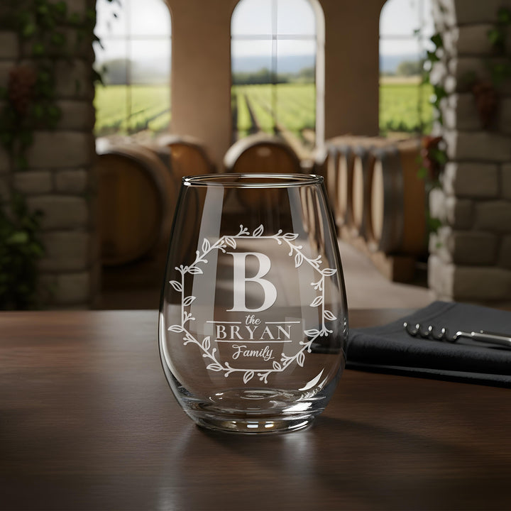 Monogrammed Stemless Wine Glass - Personalized Custom Family Gift - iCustomLabel