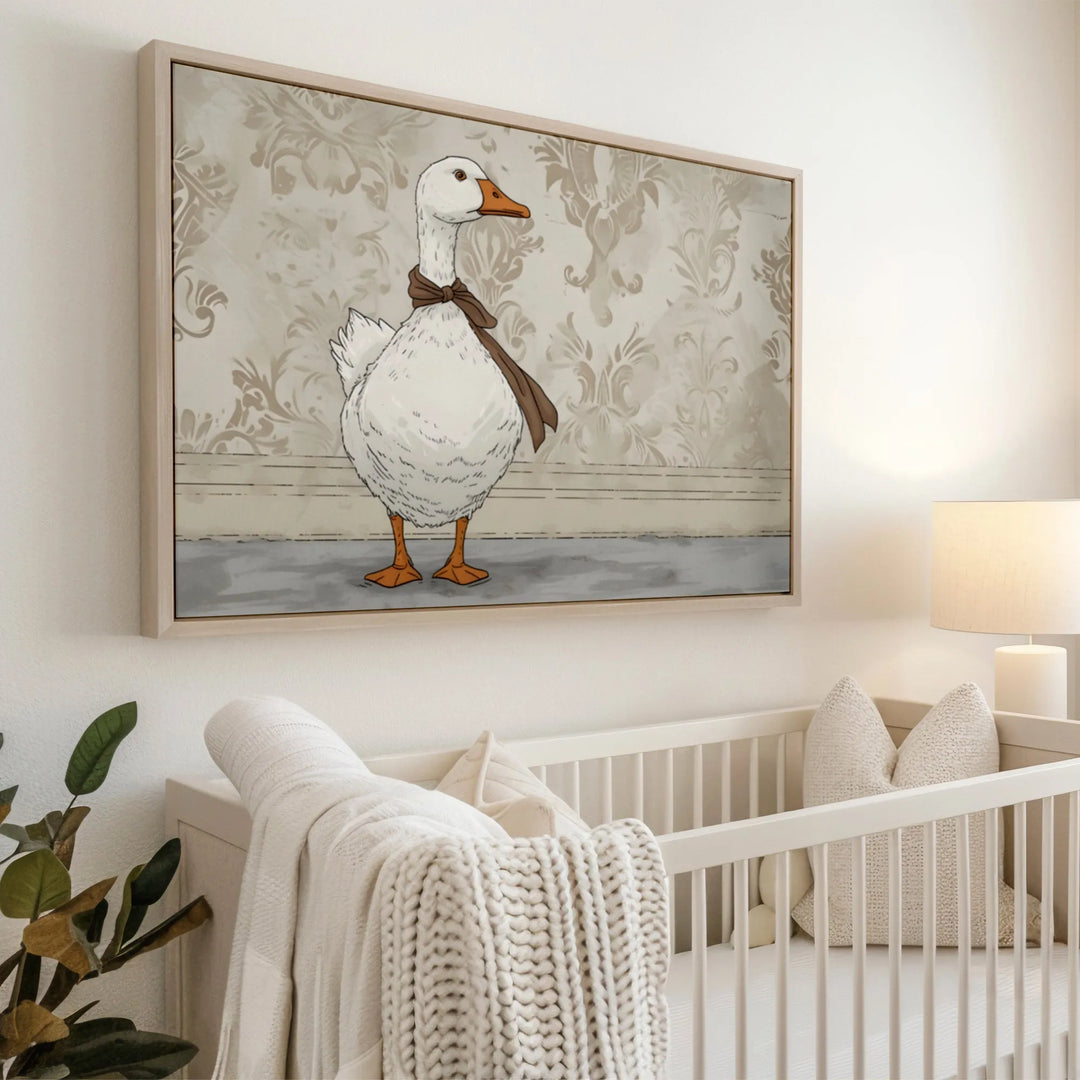 Mother Goose nursery wall art featuring a white goose with brown scarf in a cozy baby room