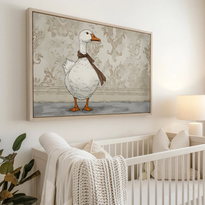 Mother Goose nursery wall art featuring a white goose with brown scarf in a cozy baby room