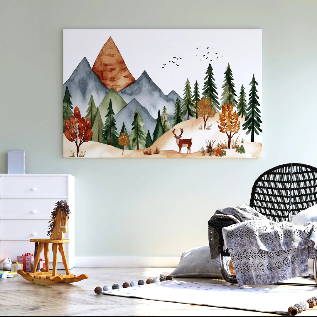 Mountain Deer Nursery Poster – Watercolor Wall Art with Trees and Nature - iCustomLabel