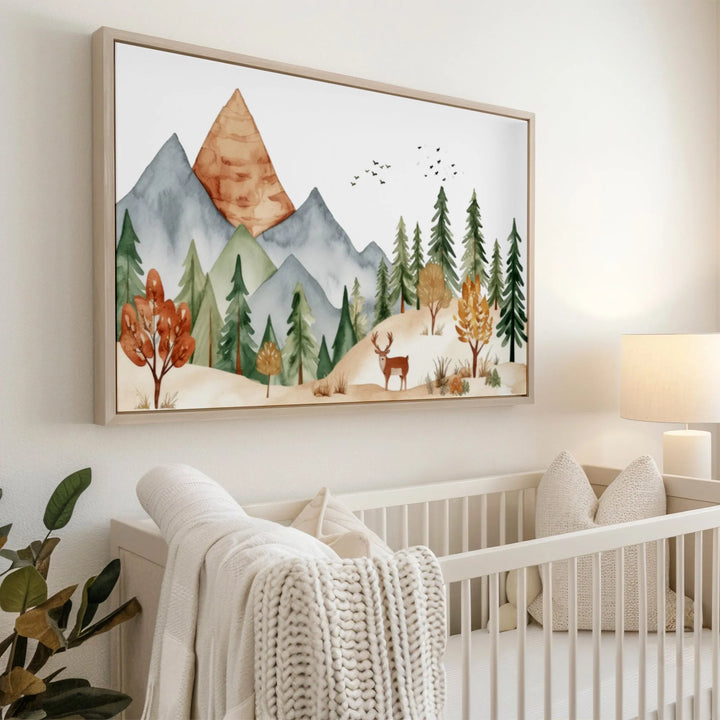 Mountain Deer Nursery Poster – Watercolor Wall Art with Trees and Nature - iCustomLabel