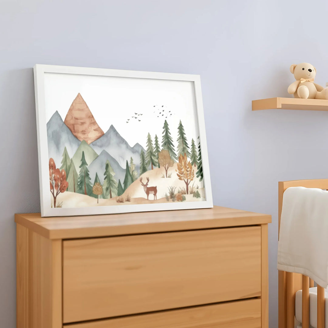 Mountain Deer Nursery Poster – Watercolor Wall Art with Trees and Nature - iCustomLabel