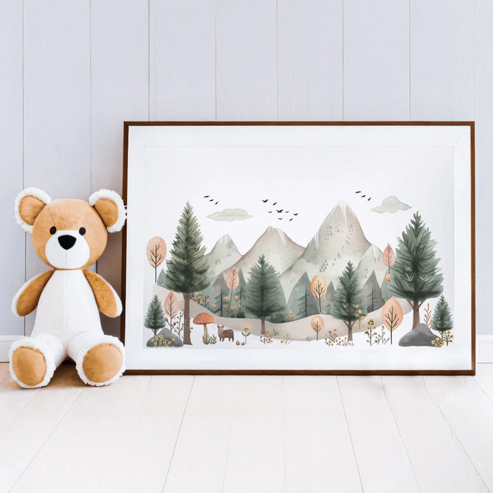 Watercolor nursery poster of mountain scene with pine trees, wildlife, and pastel foliage art