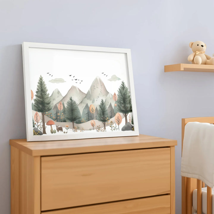 Mountain Scene Nursery Poster – Watercolor Wall Art with Trees and Wildlife - iCustomLabel