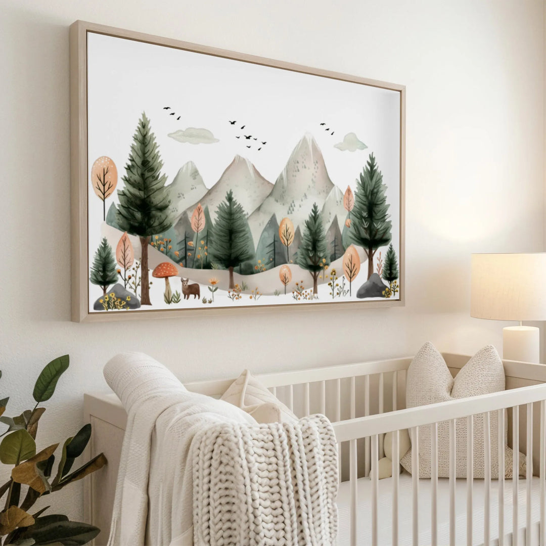 Mountain Scene Nursery Poster – Watercolor Wall Art with Trees and Wildlife - iCustomLabel