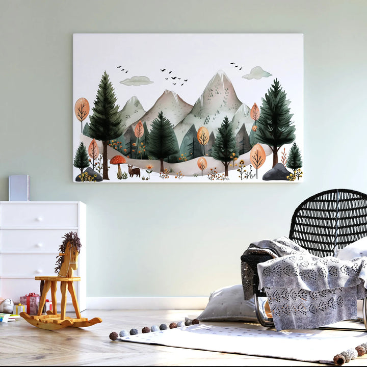 Mountain Scene Nursery Poster – Watercolor Wall Art with Trees and Wildlife - iCustomLabel