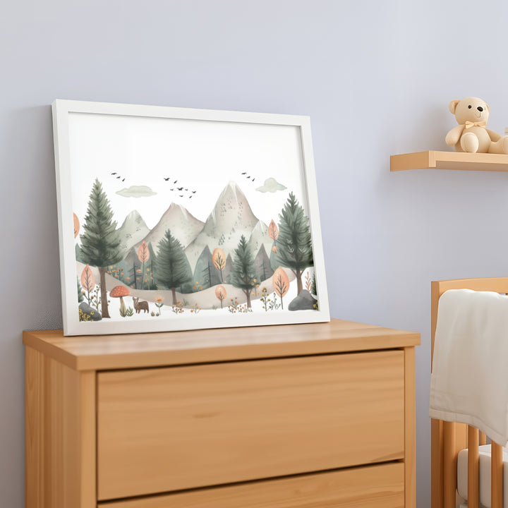 Mountain Scene Nursery Poster – Watercolor Wall Art with Trees and Wildlife - iCustomLabel