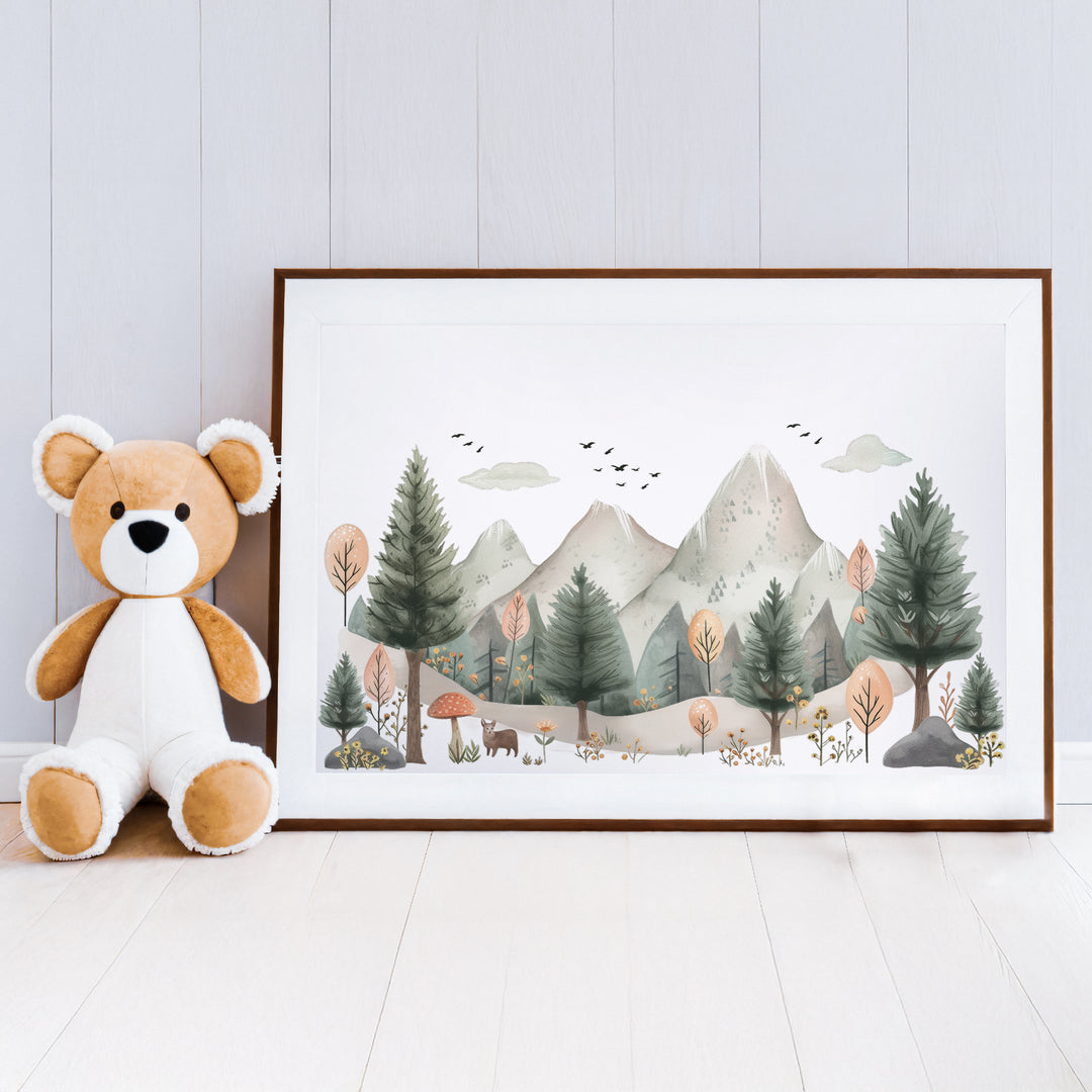 Mountain Scene Nursery Poster – Watercolor Wall Art with Trees and Wildlife - iCustomLabel