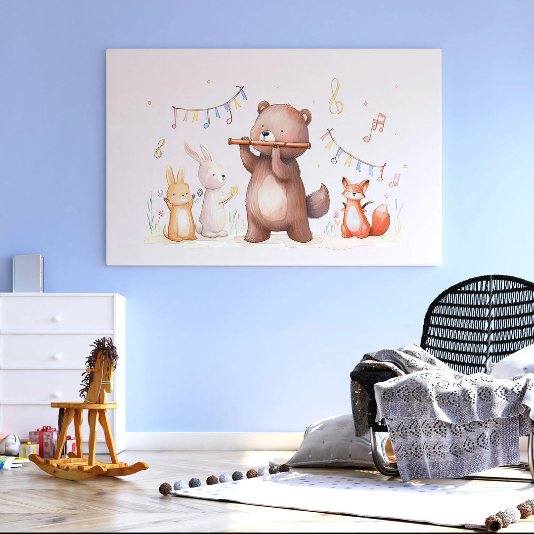 Cute nursery wall art with bear playing flute and animals on blue wall in kids room