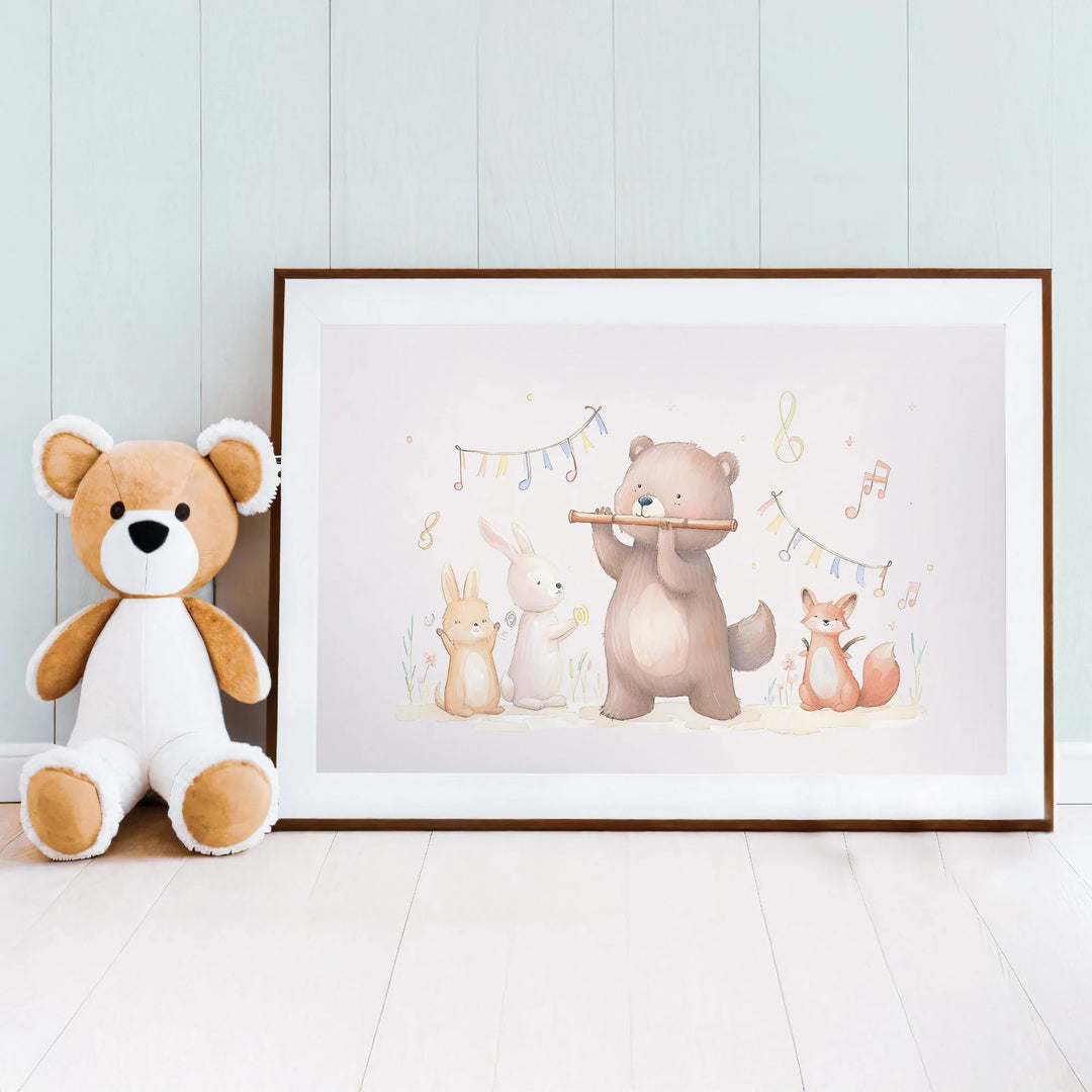 Music Friends Nursery Poster – Cute Wall Art with Bear and Animals - iCustomLabel