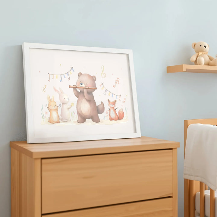 Music Friends Nursery Poster – Cute Wall Art with Bear and Animals - iCustomLabel