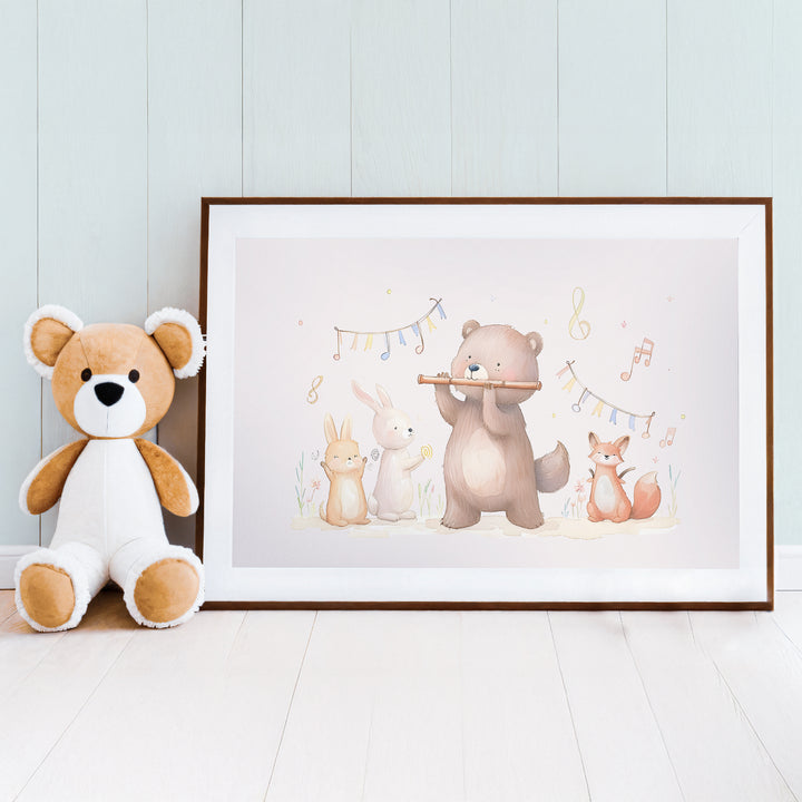 Music Friends Nursery Poster – Cute Wall Art with Bear and Animals - iCustomLabel