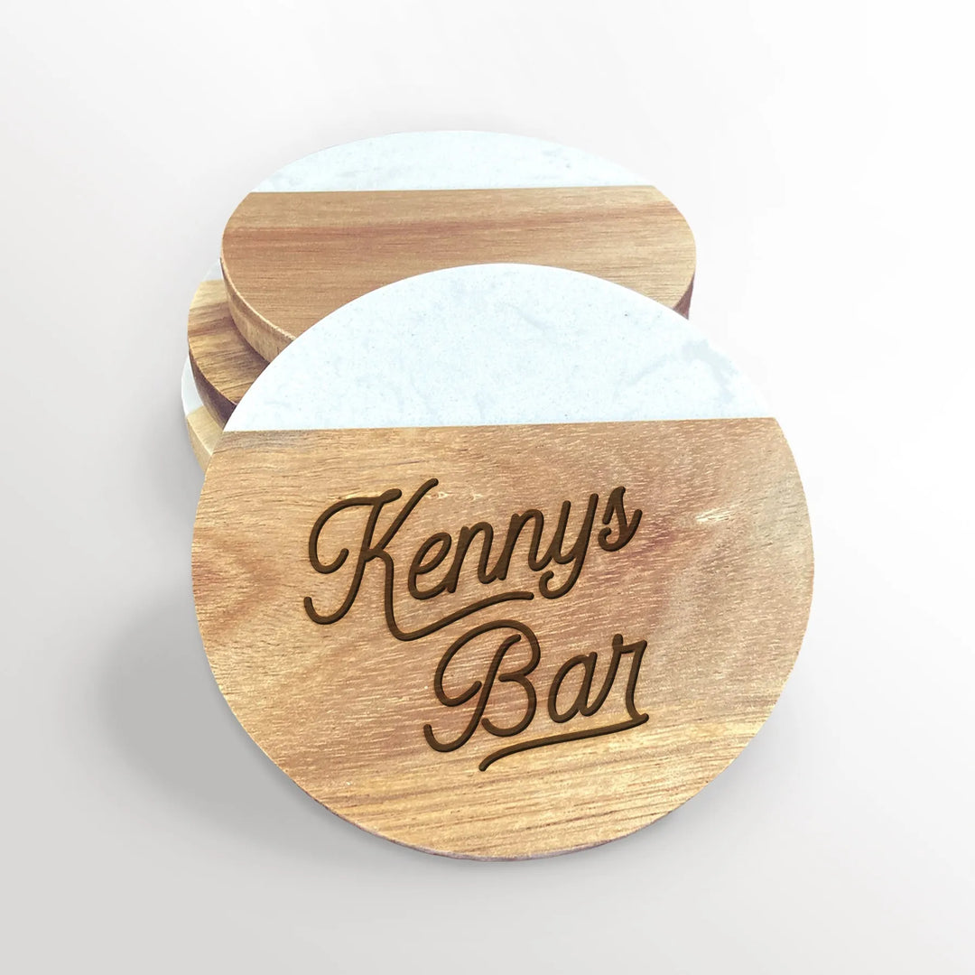 Name Bar Acacia Wood and Marble Coasters - iCustomLabel