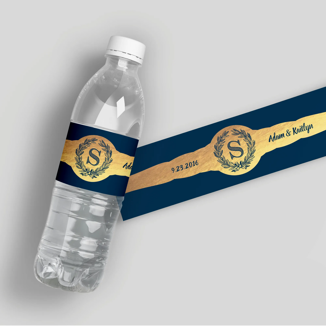 Navy Gold Monogram Wedding Water Bottle Labels - iCustomLabel