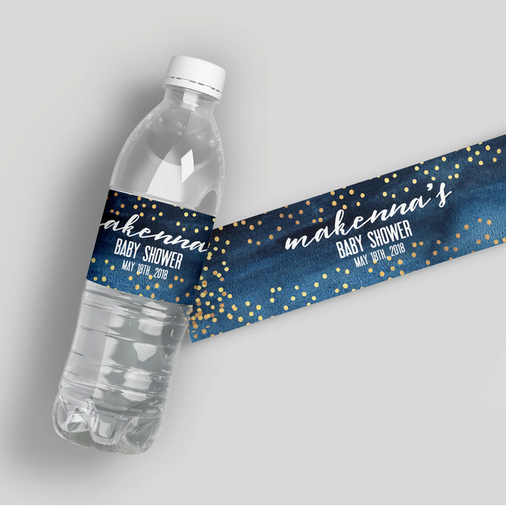 Navy Watercolor Baby Shower Water Bottle Labels - iCustomLabel