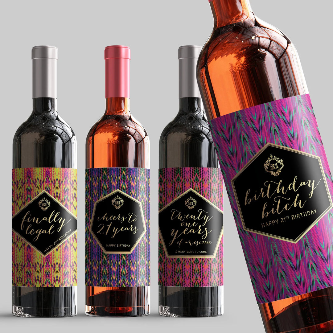 Neon 21st Birthday Wine Label Set - iCustomLabel