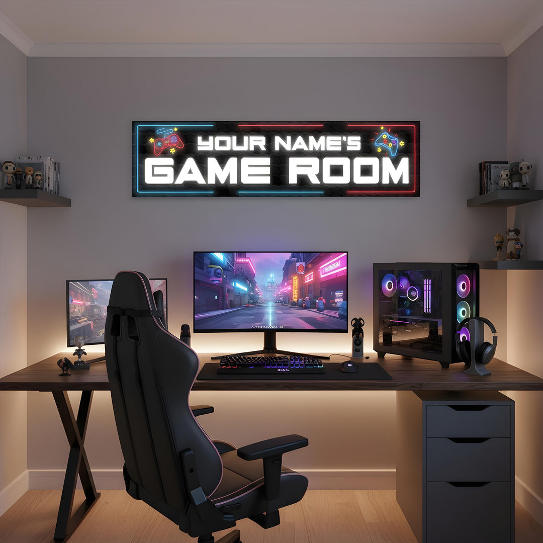Modern gaming room setup with neon sign, curved monitor, RGB PC, gaming chair, and headset