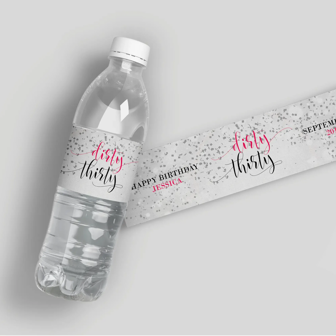 New Dirty Thirty Silver Pink Birthday Water Bottle Labels - iCustomLabel