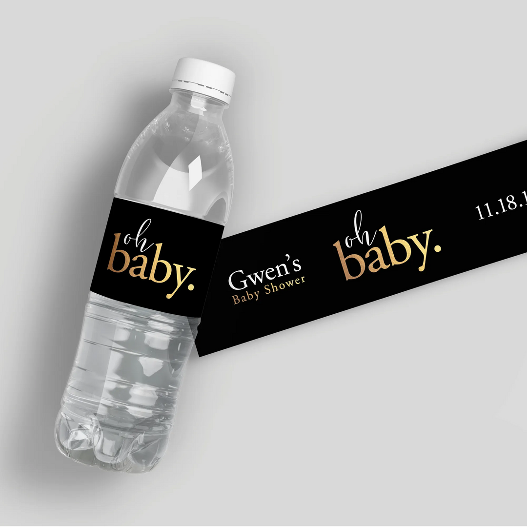 Oh Baby Gold Black Water Bottle Labels - iCustomLabel