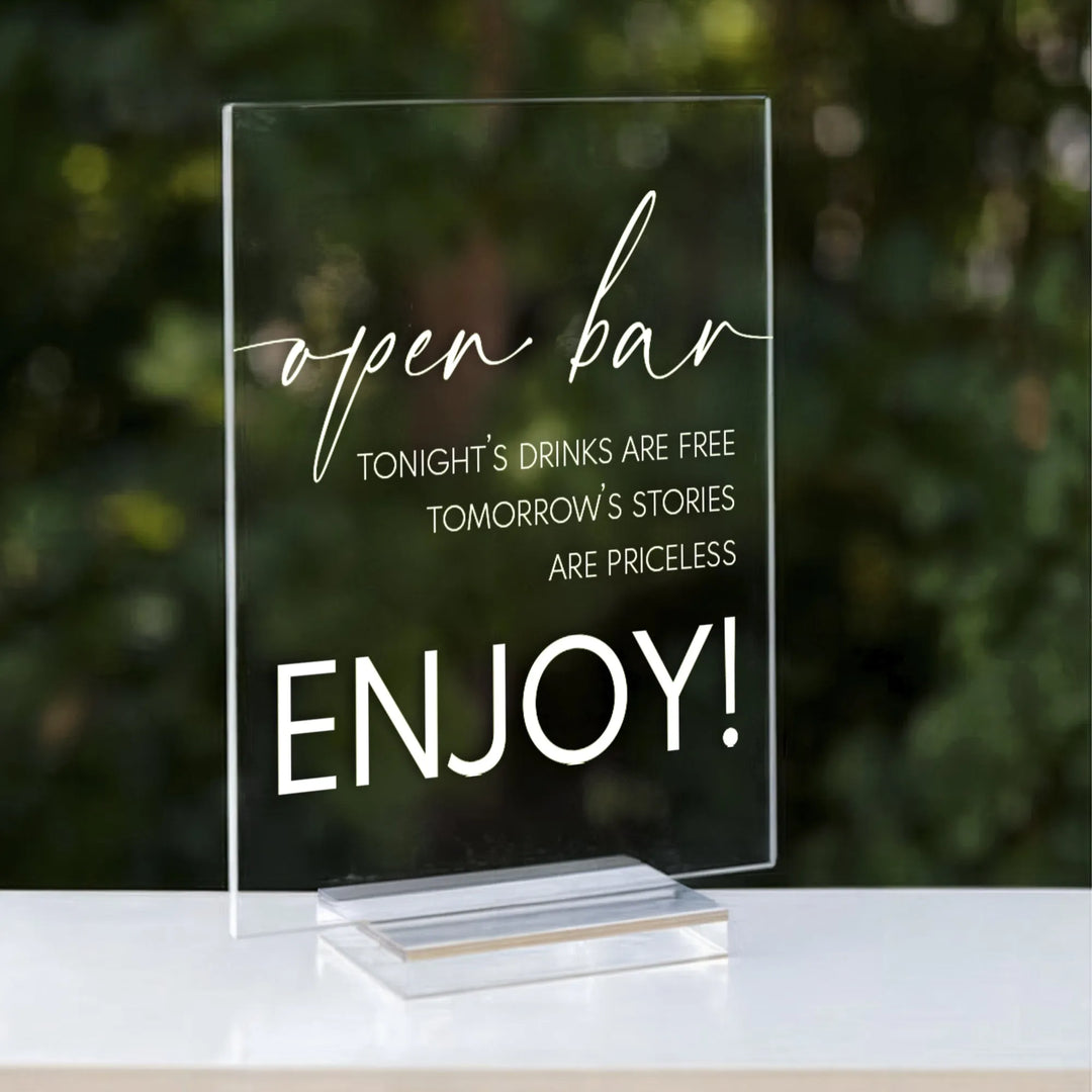 Clear acrylic open bar sign with white text for wedding or event decoration