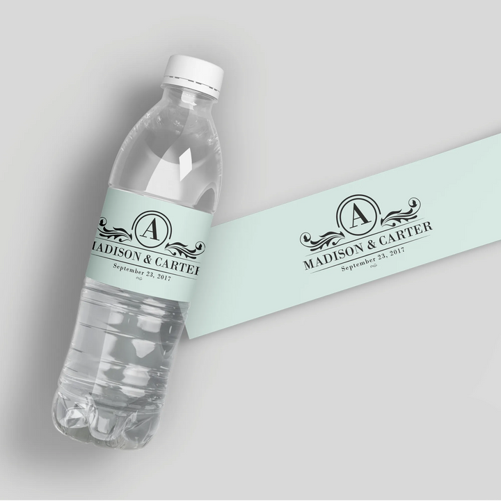 Ornate Monogram Gray Water Bottle Labels - iCustomLabel