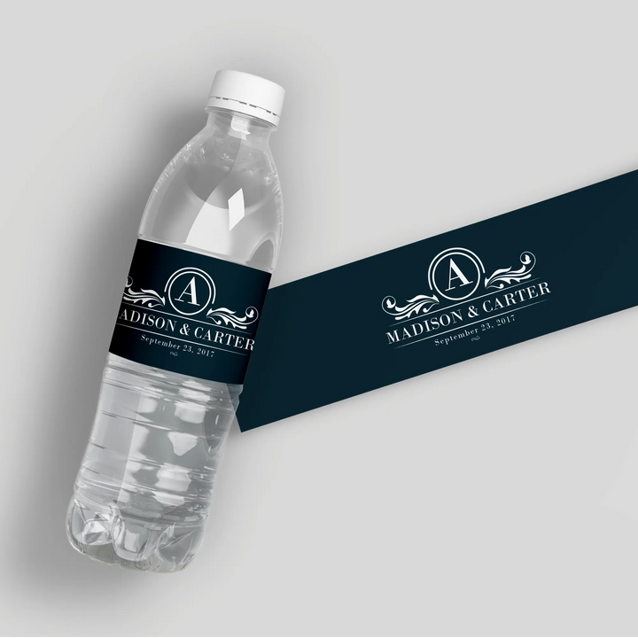 Ornate Monogram White Water Bottle Labels - iCustomLabel