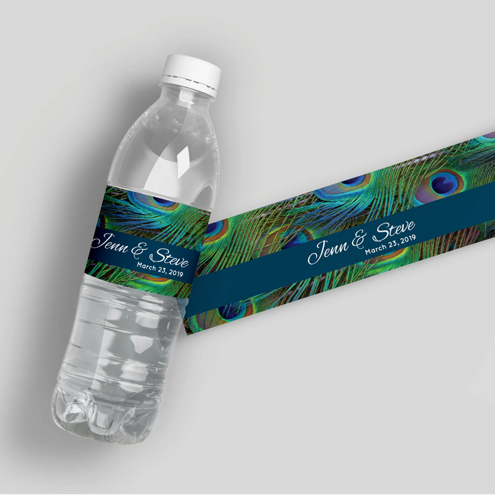 Peacock Feathers Water Bottle Labels - iCustomLabel