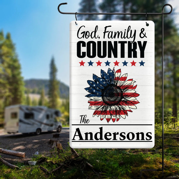Personalized metal garden flag with God, Family & Country text, American flag sunflower, and name Anderson