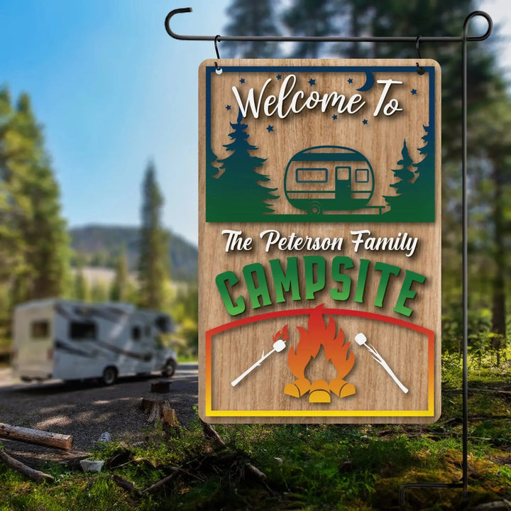 Personalized wooden garden flag with camping design and text The Peterson Family Campsite