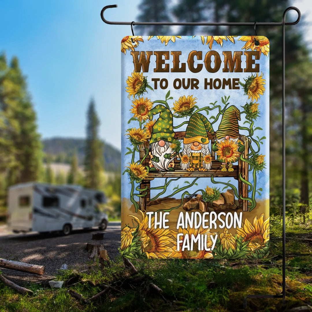 Personalized Sunflower Gnome Home Metal Garden Flag - iCustomLabel