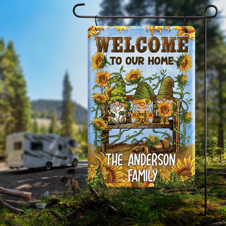 Personalized Sunflower Gnome Home Metal Garden Flag - iCustomLabel
