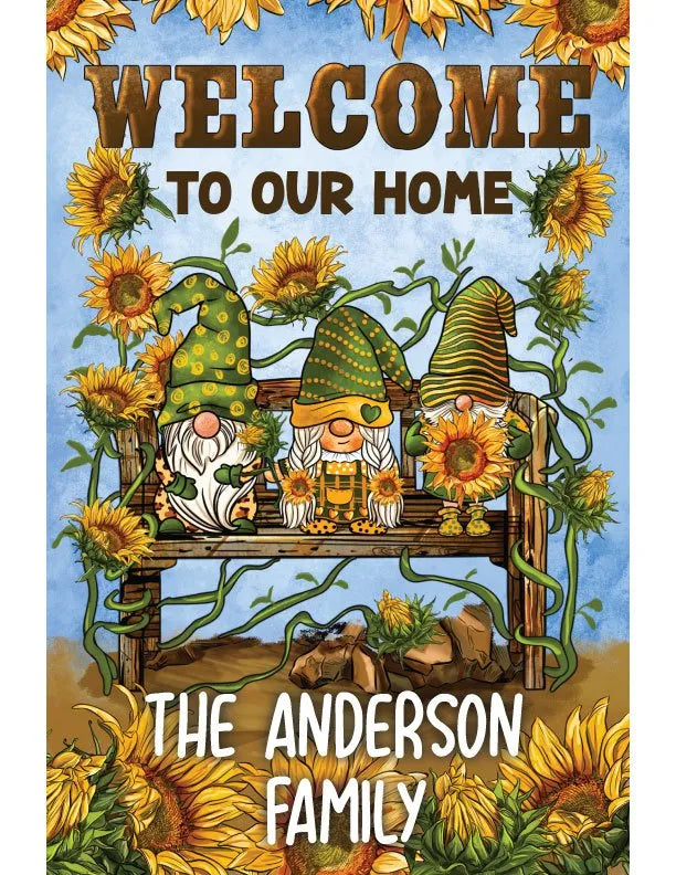 Personalized Sunflower Gnome Home Metal Garden Flag - iCustomLabel