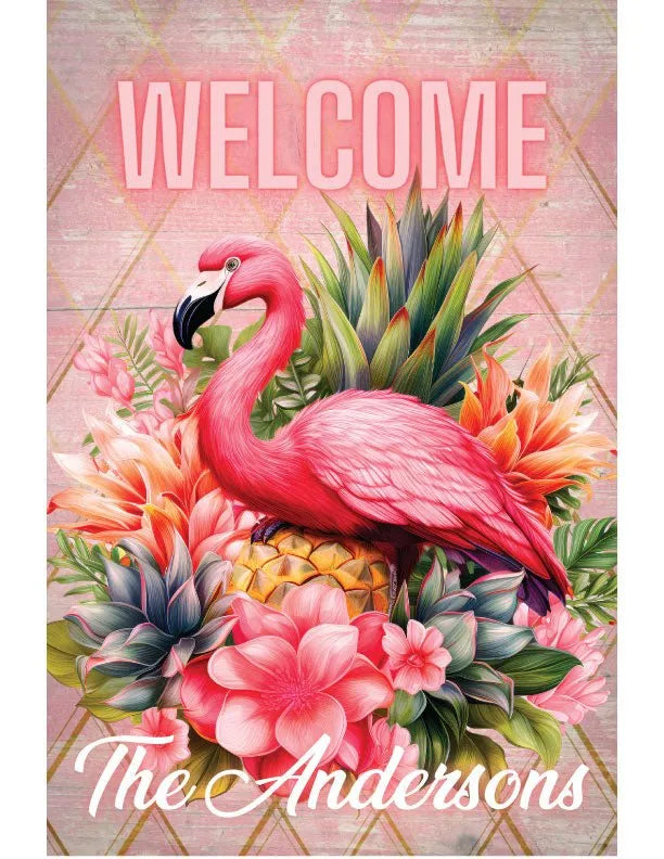 Personalized Tropical Flamingo Metal Garden Flag - iCustomLabel