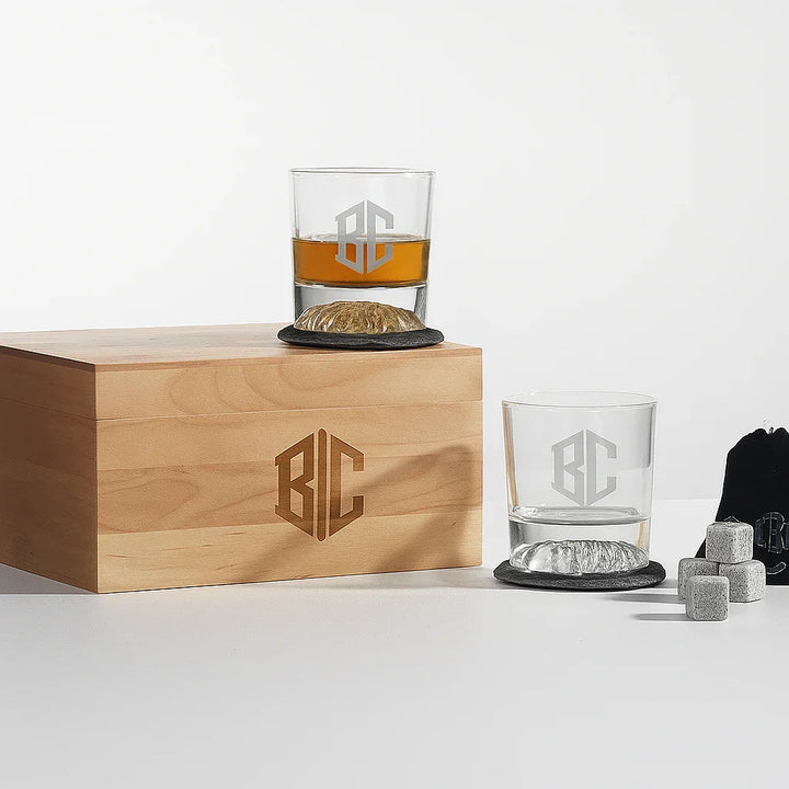 Personalized Whiskey Gift Box Set with Glasses, Stones & Coasters