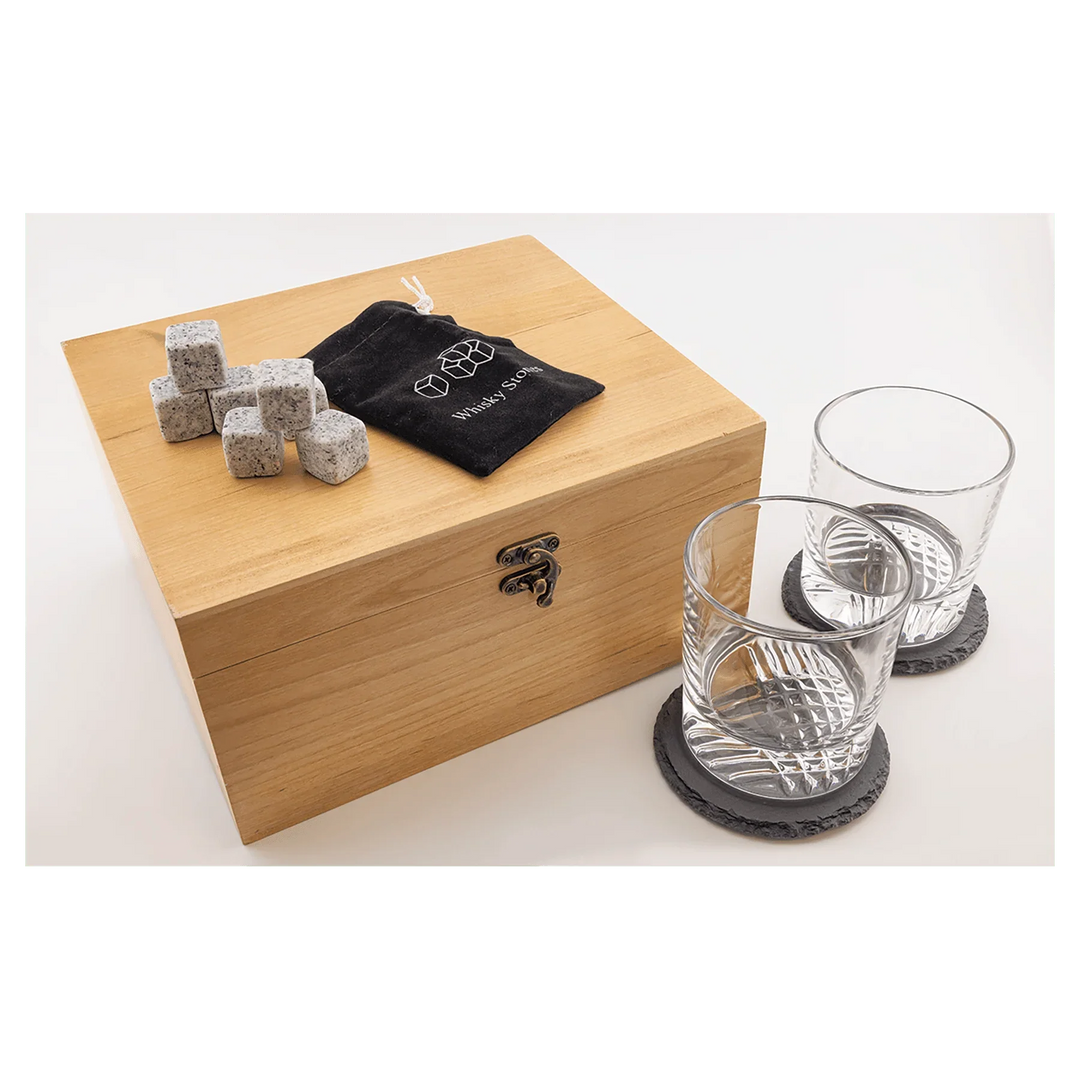 Personalized Whiskey Gift Box Set with Glasses, Stones & Coasters