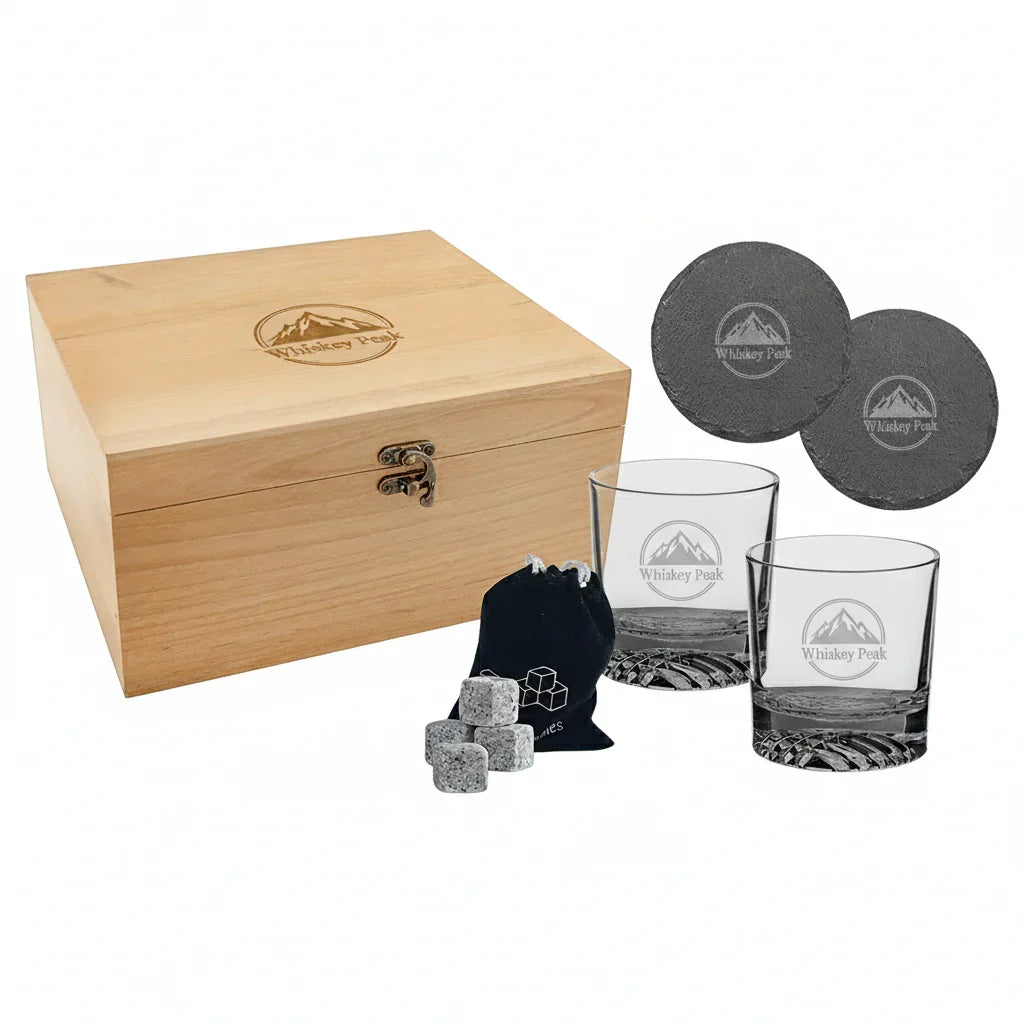 Personalized Whiskey Gift Box Set with Glasses, Stones & Coasters