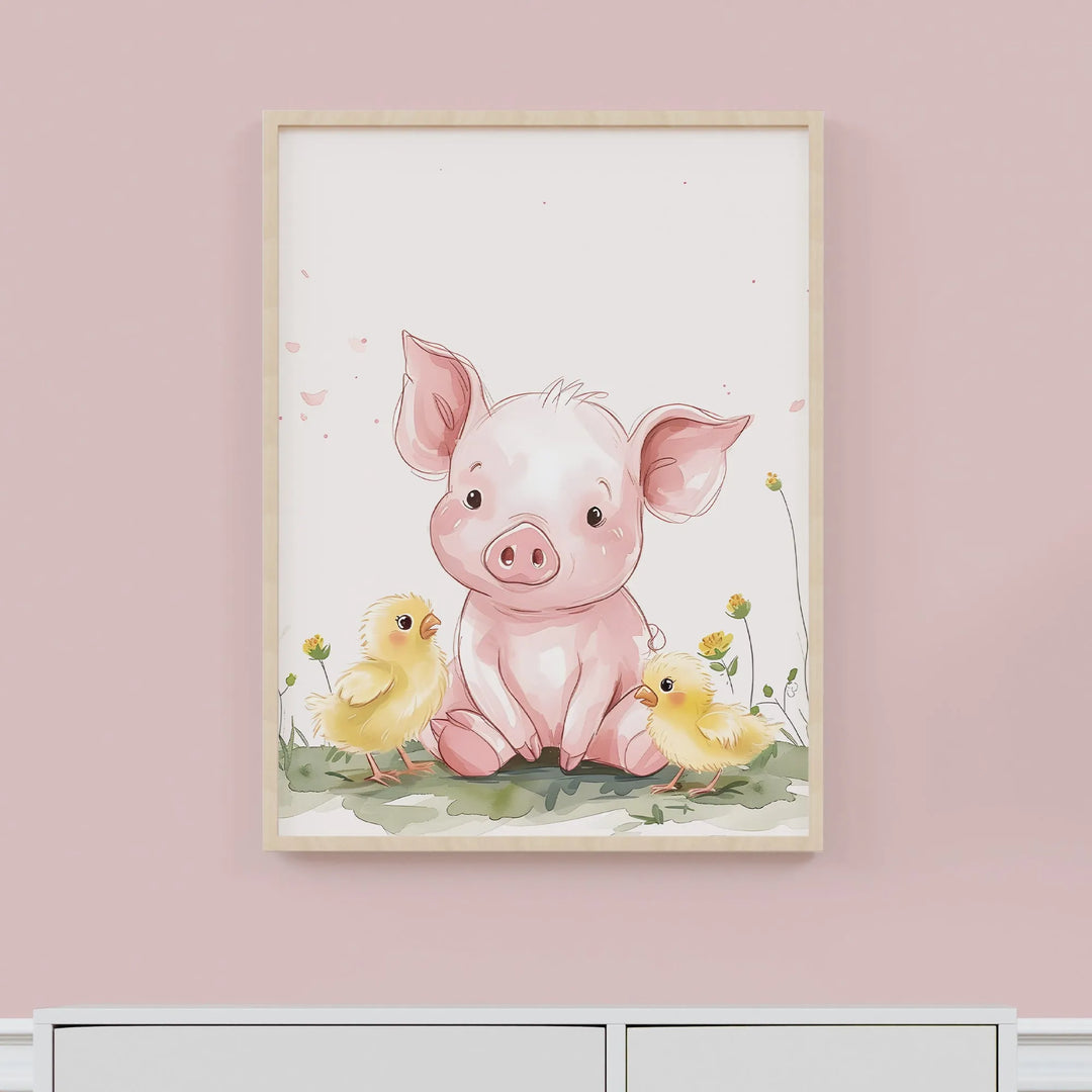 Piggy Friends Poster – Cute Baby Pig and Chick Nursery Wall Art - iCustomLabel