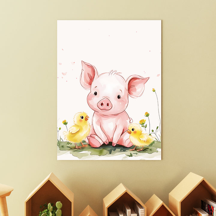 Piggy Friends Poster – Cute Baby Pig and Chick Nursery Wall Art - iCustomLabel