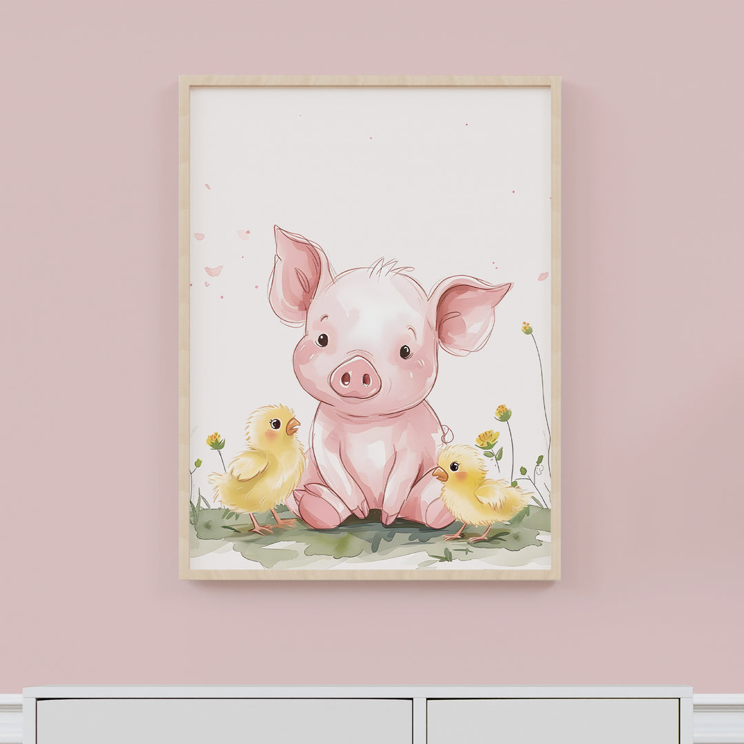Piggy Friends Poster – Cute Baby Pig and Chick Nursery Wall Art - iCustomLabel