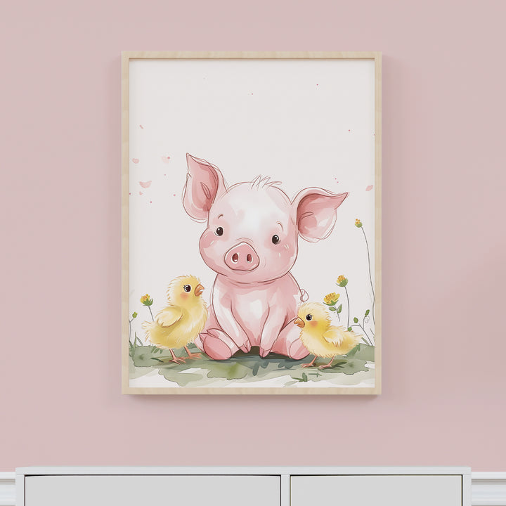 Piggy Friends Poster – Cute Baby Pig and Chick Nursery Wall Art - iCustomLabel